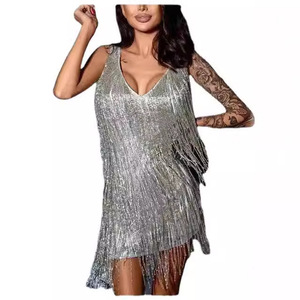 Robe de danse latine professionnelle pour femmes, col en V, sans manches, avec paillettes dorées et franges, pour la performance de Cha-cha-cha et de Samba, tenue de danse de salon - Product Image 4