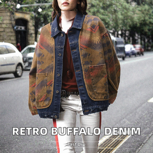 Chaqueta de mezclilla de búfalo desgastada, estilo étnico retro americano, personalizada, informal, de punto, con cuello alto, transpirable, para hombre, otoño - Product Image 2