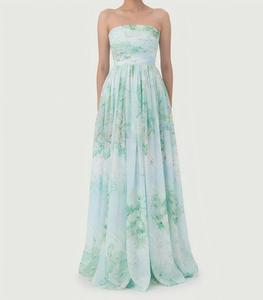 Abito lungo <span class=keywords><strong>da</strong></span> donna senza spalline in chiffon floreale, stampa <span class=keywords><strong>verde</strong></span> azzurro, modello a trapezio, elegante per damigelle e invitati a matrimoni - Product Image 1