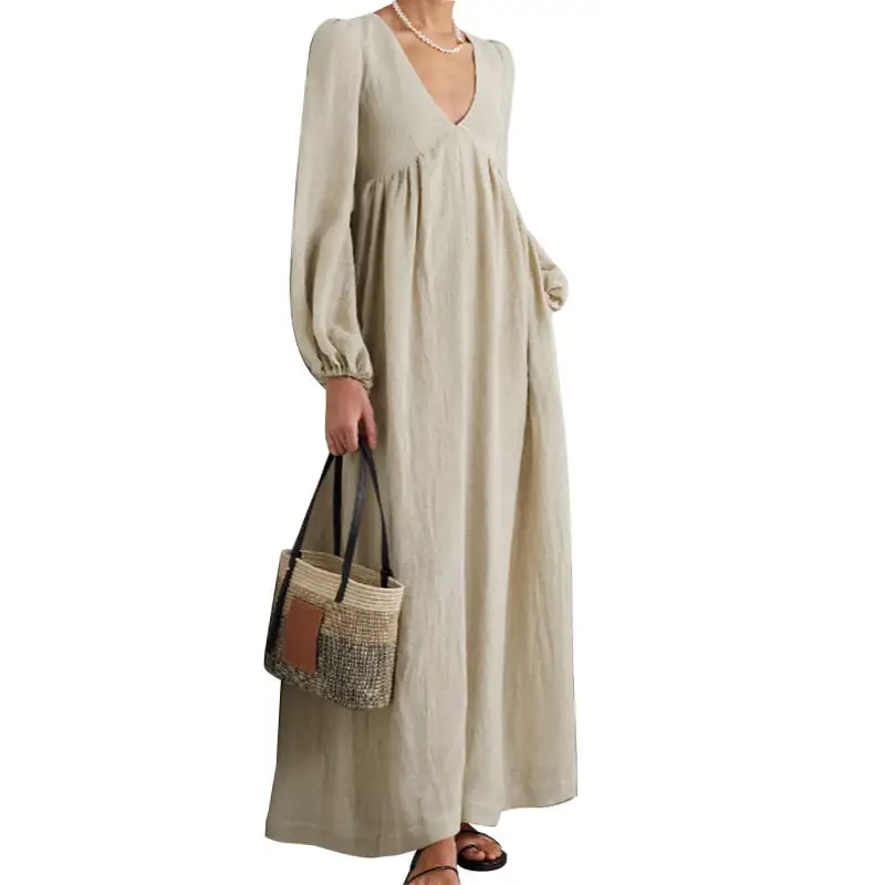 2022 Custom Fall Elegant Vintage V-neck Maxi Ladies Long Sleeve Women Casual Dress 100% Linen Dress