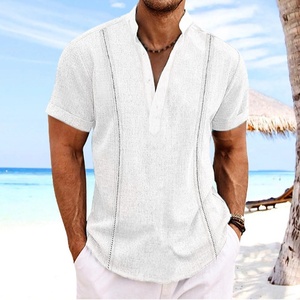 Camisa Casual de Algodón y Lino para Hombre, Estilo <span class=keywords><strong>Guayabera</strong></span> Cubana a Rayas con Cuello Mao, Manga Corta, Sin Planchado, Venta Caliente 2026 para Comercio Exterior - Product Image 3
