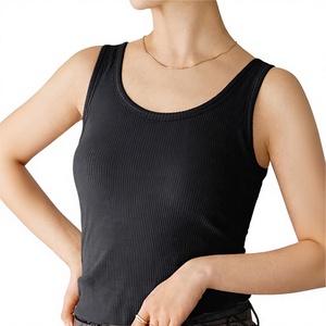 Débardeur côtelé noir pour femme avec logo personnalisé, col rond, bretelles larges, coupe ajustée, sans manches, basique, pour l'été - Product Image 2