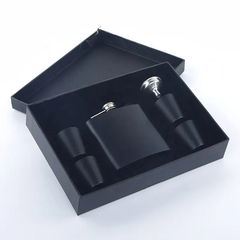 6OZ Black Stainless Steel Hip Flask Gift Set With Funnel and 4Pcs Shot Glass