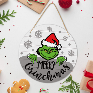 Letrero de bienvenida navideño del Grinch, decoración de madera para puerta principal, placa redonda colgante de Feliz <span class=keywords><strong>Grinchmas</strong></span>, adorno festivo para fiestas navideñas - Product Image 4