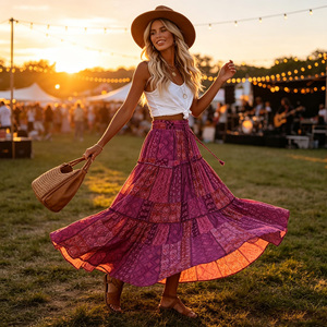 Women's Boho Maxi <b>Skirt</b> Tiered Ruffle Hem <b>Elastic</b> High <b>Waist</b> Patchwork Print Floor Length Summer <b>Skirt</b> - Product Image 5