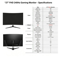 Moniteur de jeu FHD 27 pouces 240Hz VA 1ms FreeSync DP VESA avec cadre fin, écran LED, contraste 3000:1 pour la maison, le bureau et l'ordinateur