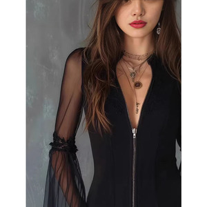 <span class=keywords><strong>Camiseta</strong></span> negra de cuello redondo, estilo vintage, con cremallera, de <span class=keywords><strong>tul</strong></span>, para primavera, de punto liso, con estampado por descarga, a la moda, de corte ajustado. - Product Image 4