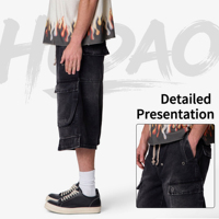 Hudao Jorts Décontractés Personnalisés de Haute Qualité pour Hommes, Style Streetwear, Jorts en Jean Extensible à Jambes Larges, Denim Délavé, Coupe Ample et Décontractée, Jorts Cargo