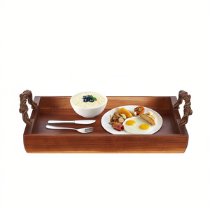 Plateau de service en bois d'acacia rustique avec poignées décoratives 18x12 pouces pour cuisine, salle à manger, petit-déjeuner, fêtes - Product Image 1