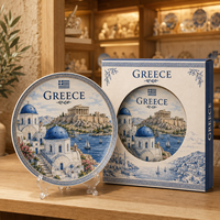 Assiette décorative en céramique souvenir grec européen, motif drapeau d'église et paysage de la mer Égée, assiette murale, personnalisable OEM ODM, vente en gros