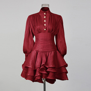 Vestido Mini de <span class=keywords><strong>Mujer</strong></span> con Cuello Alto y Cintura Fruncida, Vestido Brillante con Volantes en el Bajo y Mangas Abullonadas, Vestidos Sehe Fashion - Product Image 5