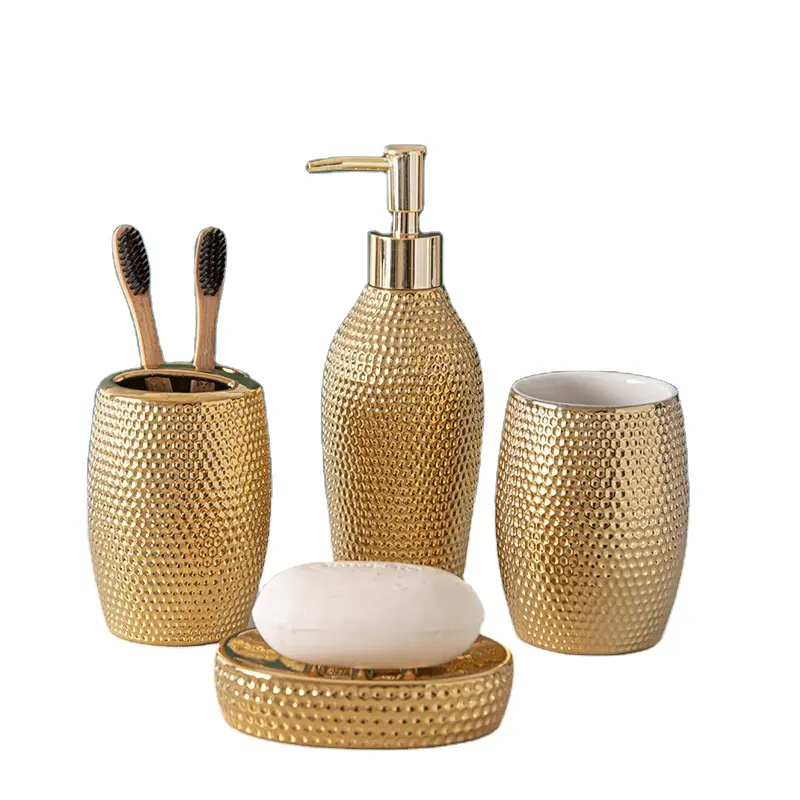 Elegante conjunto de accesorios de baño de cerámica hecho a mano 4 piezas Juego de baño dorado juego de baño de cerámica para el hogar