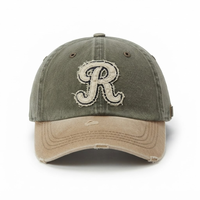 Casquette de baseball délavée bicolore olive kaki, 6 panneaux, visière incurvée, non structurée, style Dad Cap, avec patch appliqué