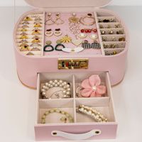 Boîte à bijoux en gros avec serrure à code, motif chat de dessin animé mignon JD-Meow, miroir intégré, multicouche, en cuir, grande capacité
