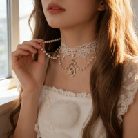 Collares de Moda con Borlas de Perlas de Imitación y Encaje para Mujer, Accesorios Decorativos para el Cuello Estilo Lolita