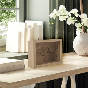 Vitrine en verre véritable en bois à chargement par le haut cadre de tirelire en bois cadre de boîte d'ombre de voyage en bois avec carte du monde - Product Image 6