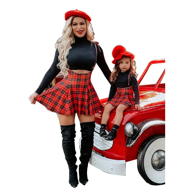 NANTEX Long Sleeve Family Matching Outfits Stretchy Red Plaid Dresses Black Top Mommy and Me Outfits