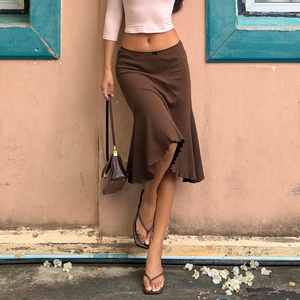 Falda midi estilo americano, color marrón, cintura baja, tejido de punto, corte de cola de pez, estilo relajado, vintage, simple, versátil, informal. - Product Image 3