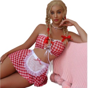 Set di Lingerie Sexy a Quadri per Donne, Costume da Cameriera con Pizzo, Gonna Corta, Shapewear Sottile, Travestimento da Servitrice - Product Image 5