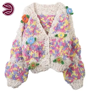 Custom Winter Thick Loose Cute Pink Crochet 3D Flower Pattern Handmade Cardigan Sweater Women