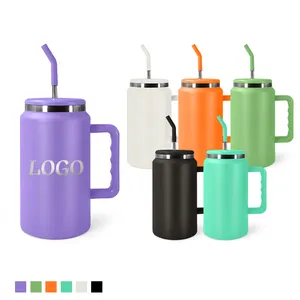 Tumbler dinding ganda baja tahan karat 50 oz 304 kustom Mug perjalanan kapasitas besar 50 oz Tumbler dengan pegangan sedotan logam