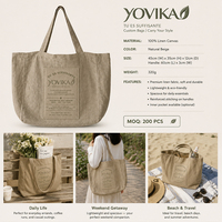 Sac fourre-tout léger en toile de jute avec poignée en corde, broderie ton sur ton, fond profond à soufflet, longue sangle, réutilisable