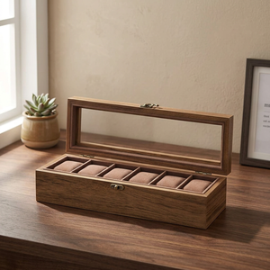 Boîte à montres en bois avec couvercle en verre, présentoir à montres doublé de velours, organisateur de rangement à 6 ou 12 emplacements pour cadeaux et vente au détail - Product Image 3