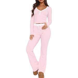 Wholesale Womens Pajama <b>Set</b> Long Sleeve Sexy Cotton Pajamas Button Down <b>Knitted</b> Lounge Wear Sleepwear Sexy Ladies Loungewear - Product Image 2