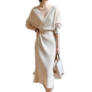 Vestidos Midi de Punto con Cuello en V, Manga Larga, Ajustados y con Cintura Marcada, Diseño Novedoso y Elegante para Mujer, Venta al por Mayor Personalizada - Product Image 1