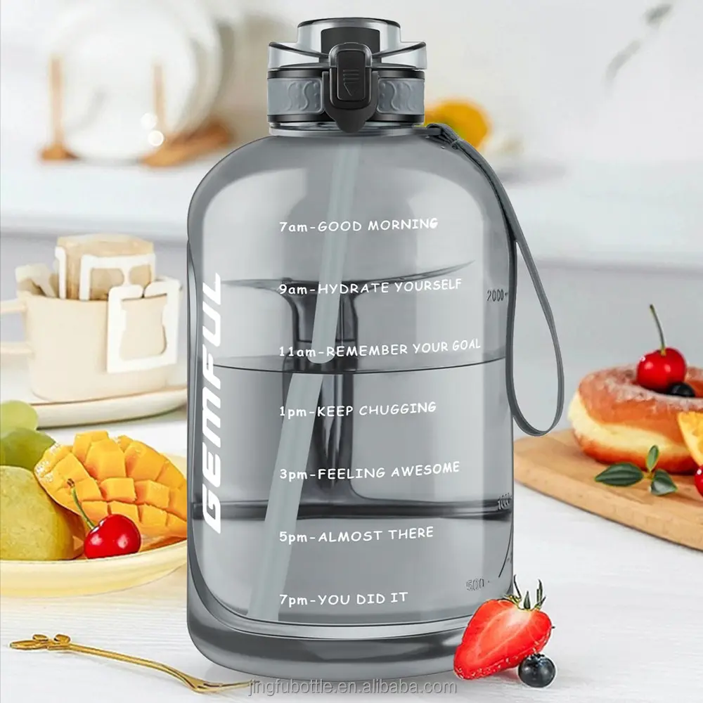 새로운 BPA 무료 피트니스 물병 넓은 입 원 클릭 오픈 뚜껑 동기 부여 디자인 여행 3000ml 성인용 용량