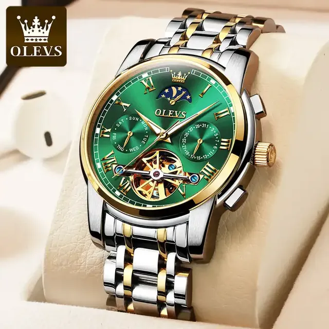 Olevs 6617 Men's Luxury Stainless Steel Wrist Watch Skeleton Design Tourbillon Moon Phase Automatic Business Clock Glass Dial
