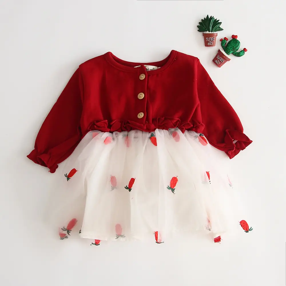 Vestido de primavera bordado con patrón de frutas para niñas pequeñas, tutú de princesa con costura de malla