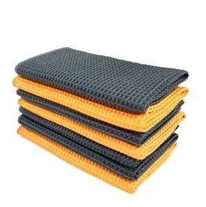 廉价批发灰色橙色华夫饼编织300gsm超细纤维细部窗户/玻璃和干燥毛巾