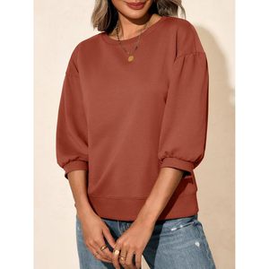 Sudadera de cuello redondo para mujer, manga abullonada, corte holgado, color marrón, informal, para otoño - Product Image 4