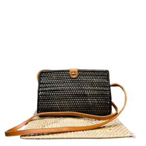 Lombok Tri-Shape Long Rattan <b>Wallet</b> Bag Handmade Leather Strap <b>Compact</b> Ethnic Crossbody Design for Natural Wicker Craft Lovers - Product Image 5