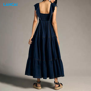 2023 été personnalisé décontracté coton Denim en détresse smocks bouton Maxi lâche femmes robes robe à volants - Product Image 2