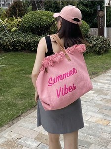 <span class=keywords><strong>Sac</strong></span> fourre-tout en toile brodé de créateur, style minimaliste, avec pompon, grande capacité, pour maman, voyage, plage, été, cadeau - Product Image 2