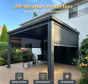 Pérgola Moderna con Techo <span class=keywords><strong>de</strong></span> Láminas, Gazebo <span class=keywords><strong>de</strong></span> Aluminio con Luces LED, Pantallas Retráctiles, Vidrio Templado Impermeable, Pabellón Personalizable - Product Image 2