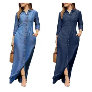 Vestidos Largos De Mujer Giản Dị Mới Cổ Áo Denim Nút Dài Váy Thanh Lịch Giản Dị Màu Đen Dài Tay Áo Bodycon Mùa Thu Mới Ăn Mặc