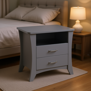 Comodino grigio con piano con vano aperto e 2 cassetti, mobile moderno per camera da letto - Product Image 2