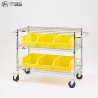 Chariot industriel robuste à 3 niveaux en métal MZG pour manutention, déménagement et stockage, avec étagères grillagées