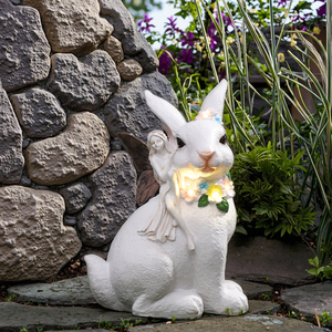 Tượng trang trí thỏ bằng nhựa resin năng lượng mặt trời LED cao cấp Roogo dùng cho trang trí sân vườn và ngày lễ - Product Image 5