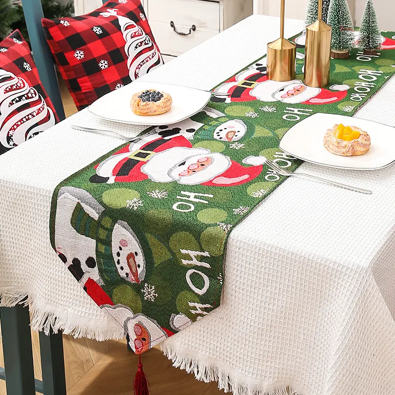 2022 Christmas table runner with fringed christmas tree santa snowflake snowman knitted table runner Christmas party tablecloth