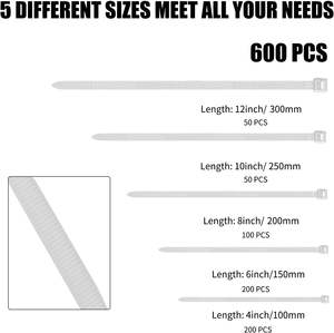 ケーブルジップタイ 600本入り セルフロック式 耐熱ナイロン 各種サイズ 4+6+8+<span class=keywords><strong>10</strong></span>+12インチ 多目的ワイヤー管理タイ - Product Image 2