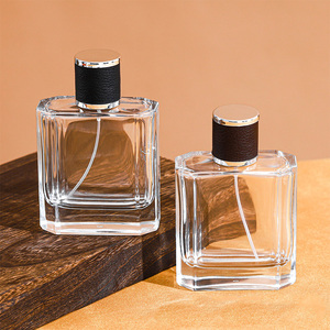 Venta al por mayor 100mL biselado plano cuadrado espesar Base botella <span class=keywords><strong>de</strong></span> perfume <span class=keywords><strong>de</strong></span> vidrio transparente con <span class=keywords><strong>tapa</strong></span> <span class=keywords><strong>de</strong></span> cuero - Product Image 5