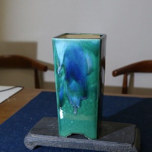 Pot de fleurs en céramique, vert bleu glacé, rectangulaire, pour bonsaï, pot de plantes de bureau, style japonais fait main - Product Image 3