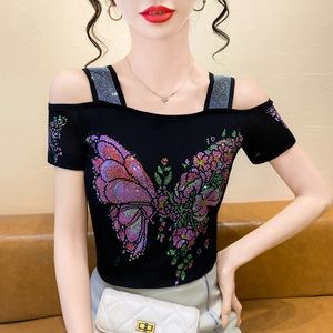 Nueva Blusa Elegante de Doble Capa <span class=keywords><strong>con</strong></span> Pedrería y Malla de Seda Helada, Manga Corta, Hombros Descubiertos y <span class=keywords><strong>Espalda</strong></span> <span class=keywords><strong>con</strong></span> Diseño Atractivo - Product Image 4