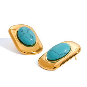Geometric <b>Turquoise</b> <b>Stud</b> <b>Earrings</b> Gold Plated Stainless Steel Bezel Setting Everyday Wear Jewelry - Product Image 5