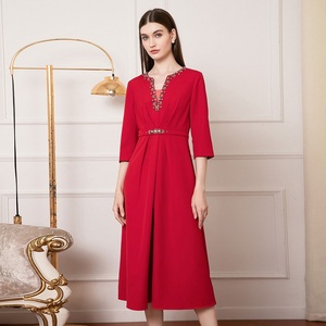 Taglie forti abito da donna 2025 primavera sposa madre elegante scollo a V con perline a manica 3/4 abito da caffè rosso Midi Cocktail Party - Product Image 2