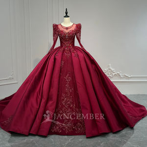 XS245 Robe de soirée moderne bordeaux à manches longues en satin, ornée de perles, de dentelle florale, d'applications de cristaux et de broderies, coupe princesse avec traîne chapelle - Product Image 2